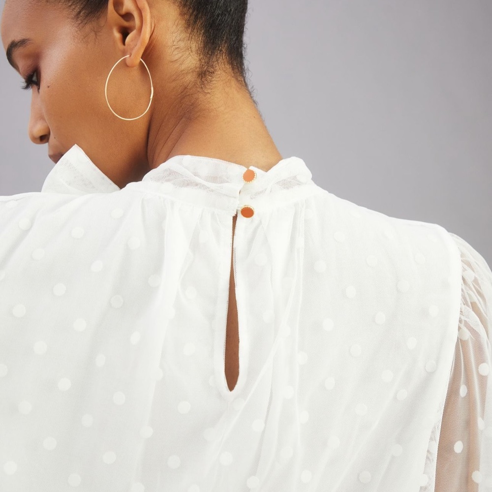 Anthropologie White Polka Dot Sheer Blouse - Picture 7 of 16
